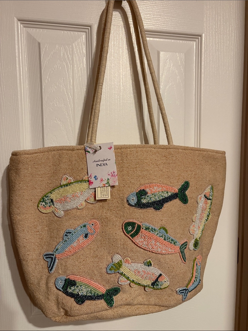 BNWT Made in India Handcrafted Beaded Fish Jute Tote Bag Beach Shoulder Bag
